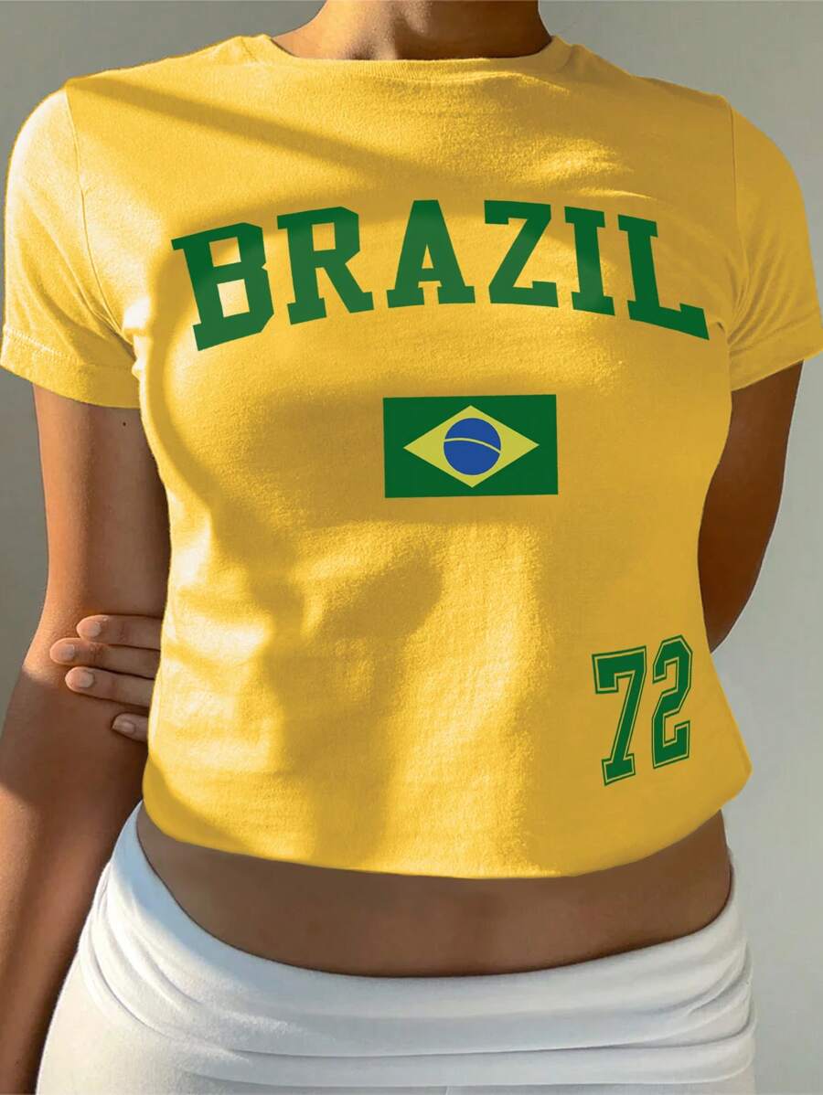 SHEIN EZwear T-shirt col rond à manches courtes d'été pour femme avec imprimé numérique 72 et lettres du Brésil - Jaune citron - Voir 1
