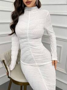 Modelyn Women Stand Collar Long Sleeve Split Hem Bodycon Dress - Apricot - View 1