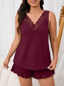 Plus Size Sexy V-Neck Lace Sleepwear Set - Burgundy - View 6