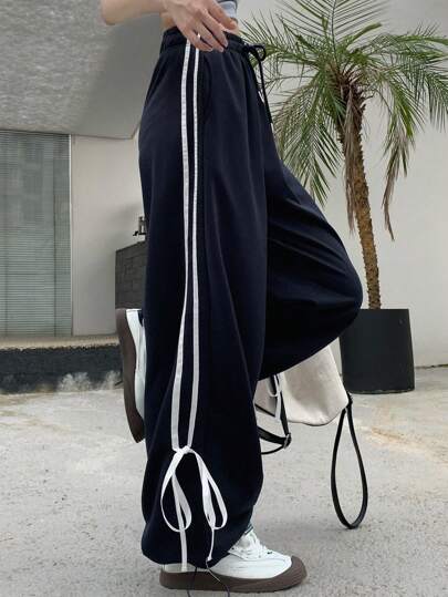 DAZY 女式休闲撞色拼布前系带口袋长裤运动裤