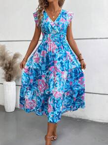 Breezaya Robe longue avec imprimé tout-sur-tout et volants pour les vacances d'été, tenue de plage pour femmes