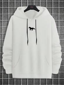 EURMUSE Men Horse Pattern Kangaroo Pocket Drawstring Hoodie - White - View 3
