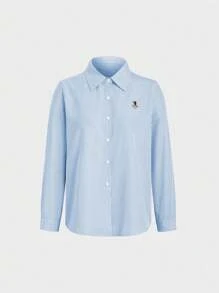 SHEIN LUNE Long Sleeve Casual Embroidery Striped Shirt, Spring Autumn,Long Sleeve Tops Fall Cloth For Women - Blue - View 3