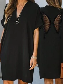 SHEIN LUNE Contrast Mesh Batwing Sleeve Tee Dress - Black - View 1