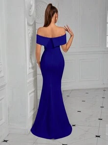 ADYCE Off-The-Shoulder Ruched Front Slit Cocktail Party Dress Formal Evening Prom Wedding Guest Dress, For Graduation, Dinner - Royal Blue - View 2