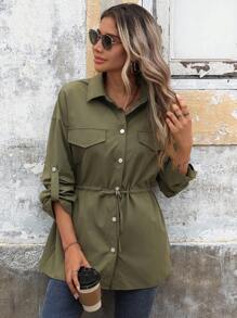 SHEIN LUNE Áo khoác thắt lưng dây rút tay cuộn màu trơn cho nữ, mùa xuân, mùa thu - màu xanh lá - Xem 5