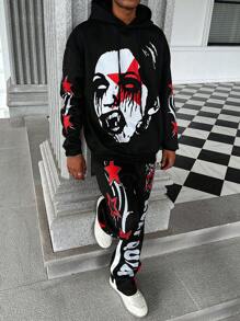 Manfinity Roghcode Conjunto de Moletom com Capuz e Calça Grafite em Estilo de Rua Gótico Escuro com Blocos de Cores Preta e Vermelha, Streetwear, Conjunto Masculino de Duas Peças, Preto e Branco, Halloween, Sair, Gráfico, Colorido, Presente para Namorado, Gótico - Multicolorido - Visão 5