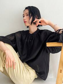 FRIFUL 夏季休閒純色提篮袖襯衫 - 黑色 - 查看 12