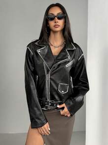 Chiquease Chaqueta de motocicleta de PU desgastado de alta gama de estilo casual americano vintage - Negro - Ver 2