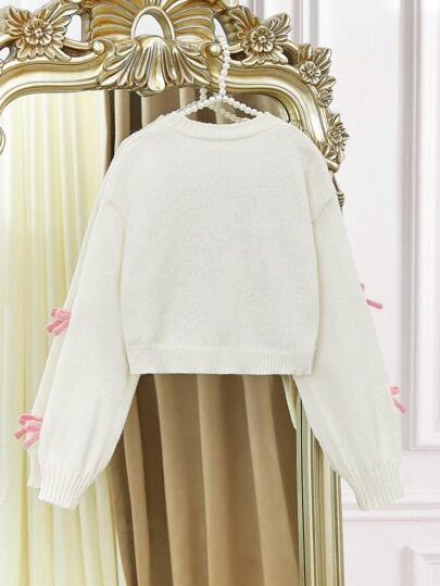 SHEIN Elladie kids Tween Girl Fashionable Casual Cute Comfy Soft Simple Warm Versatile Elegant 3D Bow Long Sleeve Cropped Cardigan Sweater, Suitable For Home, Everyday, School, Outing, Party, Autumn & Winter