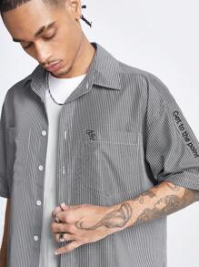 Manfinity NXTstreet Men's Embroidered Pattern Loose Woven Short Sleeve Shirt, Suitable For Summer - Black - View 5
