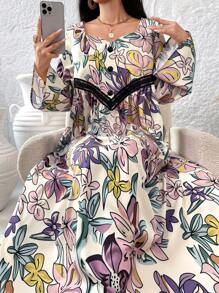 Al Najma Elegante, losse, bescheiden jurk met lange mouwen en willekeurige bloemenprint voor dames