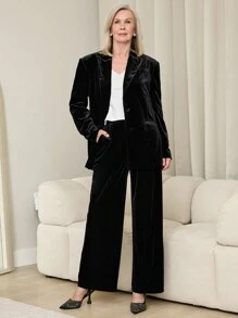 SHEIN LUNE Women's Solid Color Pockets Wide Leg Relaxed Dress Pants