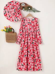 SHEIN Girls' (Big) Casual Sweet Cherry Plaid Ruffle Collar Long Sleeve Dress With Hat, Ideal For Vacation
