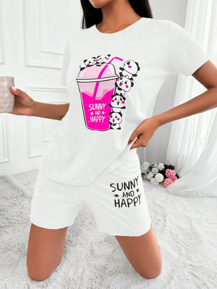 RueChic Bộ Pajama ngắn tay cổ tròn in hình gấu trúc hoạt hình và quần short Bộ đồ ngủ màu trắng - trắng - Xem 1