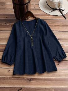 EMERY ROSE Women Summer Solid Color V-Neck Zip-Up Blouse - Navy Blue - View 1