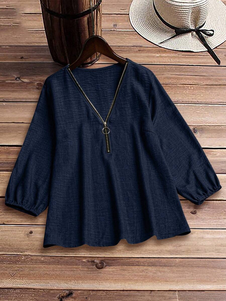 EMERY ROSE Women Summer Solid Color V-Neck Zip-Up Blouse - Navy Blue - View 1