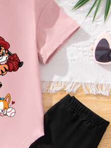 SHEIN 2 pezzi Outfit estivo da ragazza con stampa di animali carini - Maglietta rosa a maniche corte e pantaloni neri, abiti casual per il ritorno a scuola - Rosa - Visualizzare 4