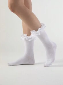 ROMWE Kawaii Women Solid Color Simple Everyday Ruffle Lace Trim Mid-Calf Socks - White - View 3