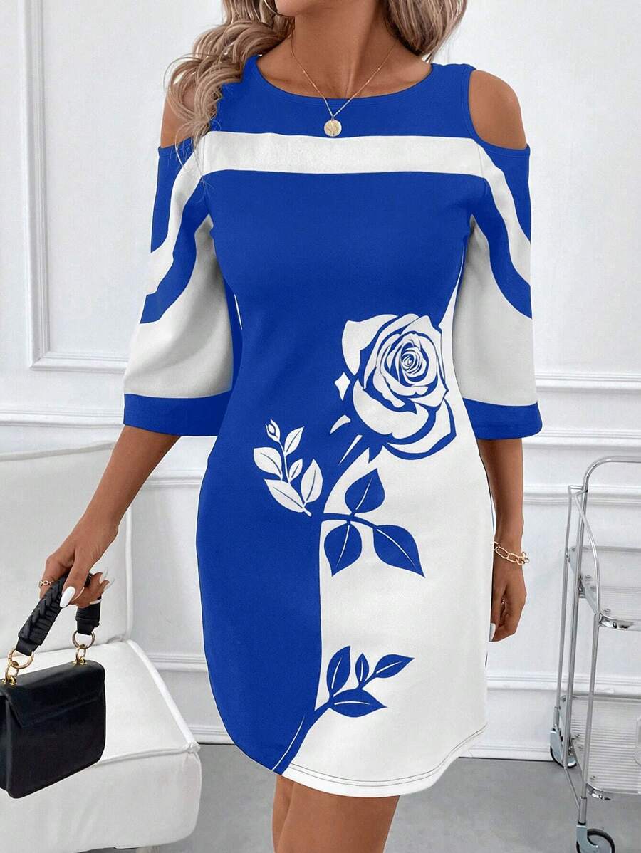 SHEIN Clasi 女士优雅黑白玫瑰印花船领露肩中长连衣裙 - 藍白色 - 查看 1