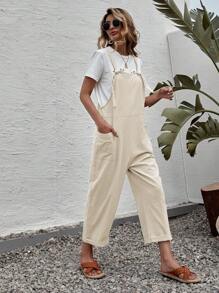 SHEIN LUNE Solid Color Overall Jumpsuit With Pockets And Straps - Beige - View 4