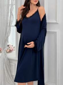 2 pezzi Set di camicia da notte e accappatoio in pizzo a scollo a V per maternità