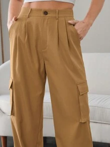 Seusyu Pantalon droit décontracté de couleur unie avec poches et boutons pour femmes - Kaki - Voir 6
