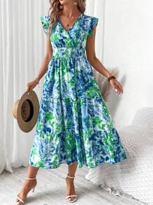 Breezaya V領全印花荷葉邊連衣裙，適合假日穿著 - 青碧色 - 查看 6