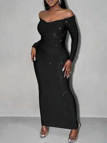 SHEIN SXY Women's Sexy Off-Shoulder Glitter Fitted Dress, Summer