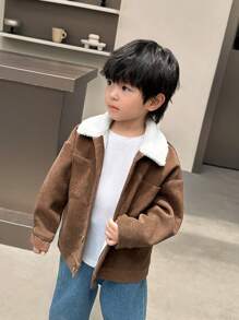 SHEIN 1pc Young Boys Casual Comfortable Fashion Simple Loose Fit Corduroy Lined Jacket, Suitable For Bomber Jacket, Varsity Jacket, Y2K Jacket, Boys Jacket, Kids Outfits, Young Boy Clothes, School Back To School Outfits, Suitable For Daily Wear, School, Travel, Sports, Autumn/Winter Season