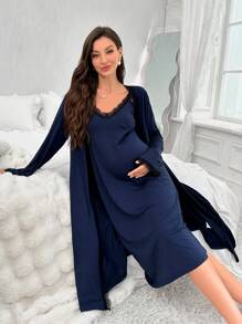 2 pezzi Set di camicia da notte e accappatoio in pizzo a scollo a V per maternità