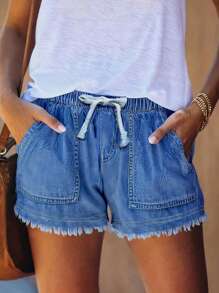 女士度假休闲松紧腰磨边牛仔短裤