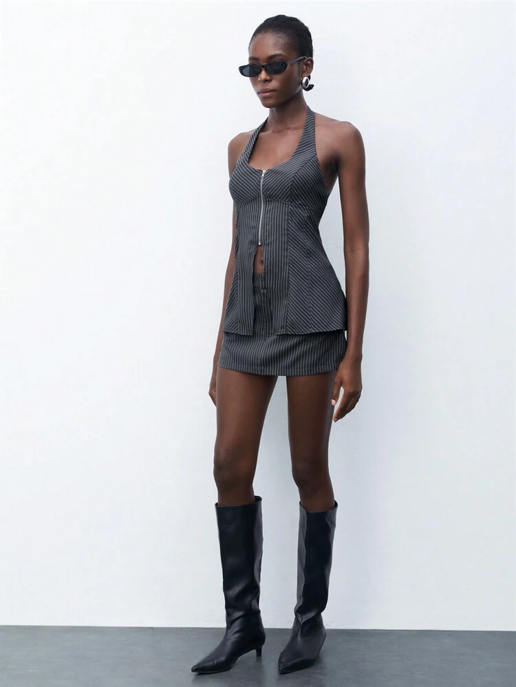 SHEIN Maija 2pcs Set: Fashionable Striped Halter Neck Top And Mini Skirt, Grey, Spring/Summer Women