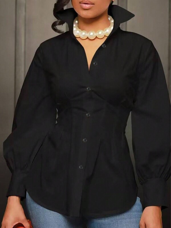 Ladies Fashion Long Sleeve Turndown Collar Button Lantern Sleeve Blouse
