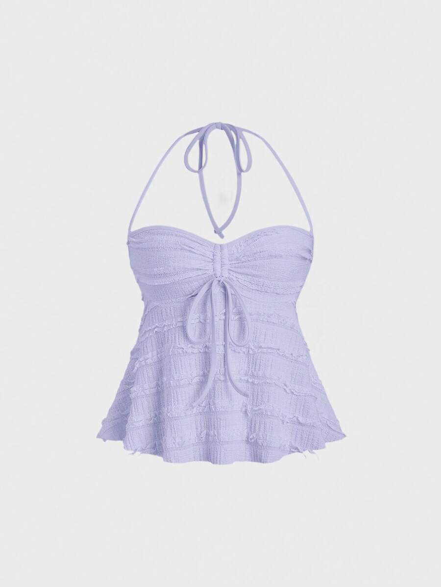 Sweetra 女士纯色前系带休闲挂脖背心，夏季