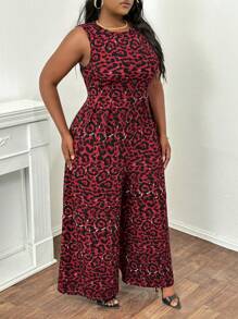 Slaydiva Plus Size Dzianinowy kombinezon z zabudowanym dekoltem, bez rękawów i nadrukiem w panterkę oraz z szerokimi nogawkami