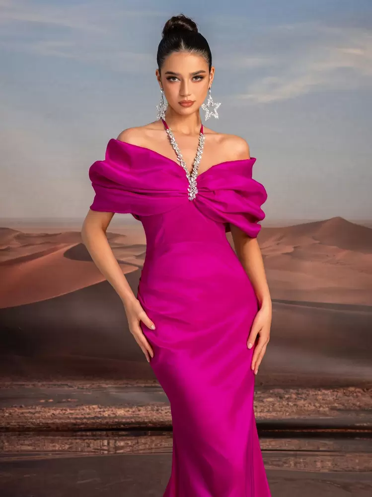 Glamrae Elegant Purple Necklace Chain, Exaggerated Bow, Off-Shoulder, Bustier, High-Waist, Floor-Length Fishtail Formal Dress For Dating, Single Party, Wedding, Gala Events, Prom Evening Gown, For Wedding Guest, Graduation, Dinner - Red Violet - View 2