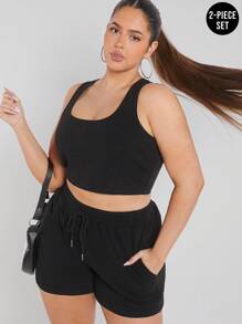 Hauture Conjunto De Camiseta Sin Mangas Y Pantalones Cortos De Color Liso Para Mujer - Negro - Ver 1