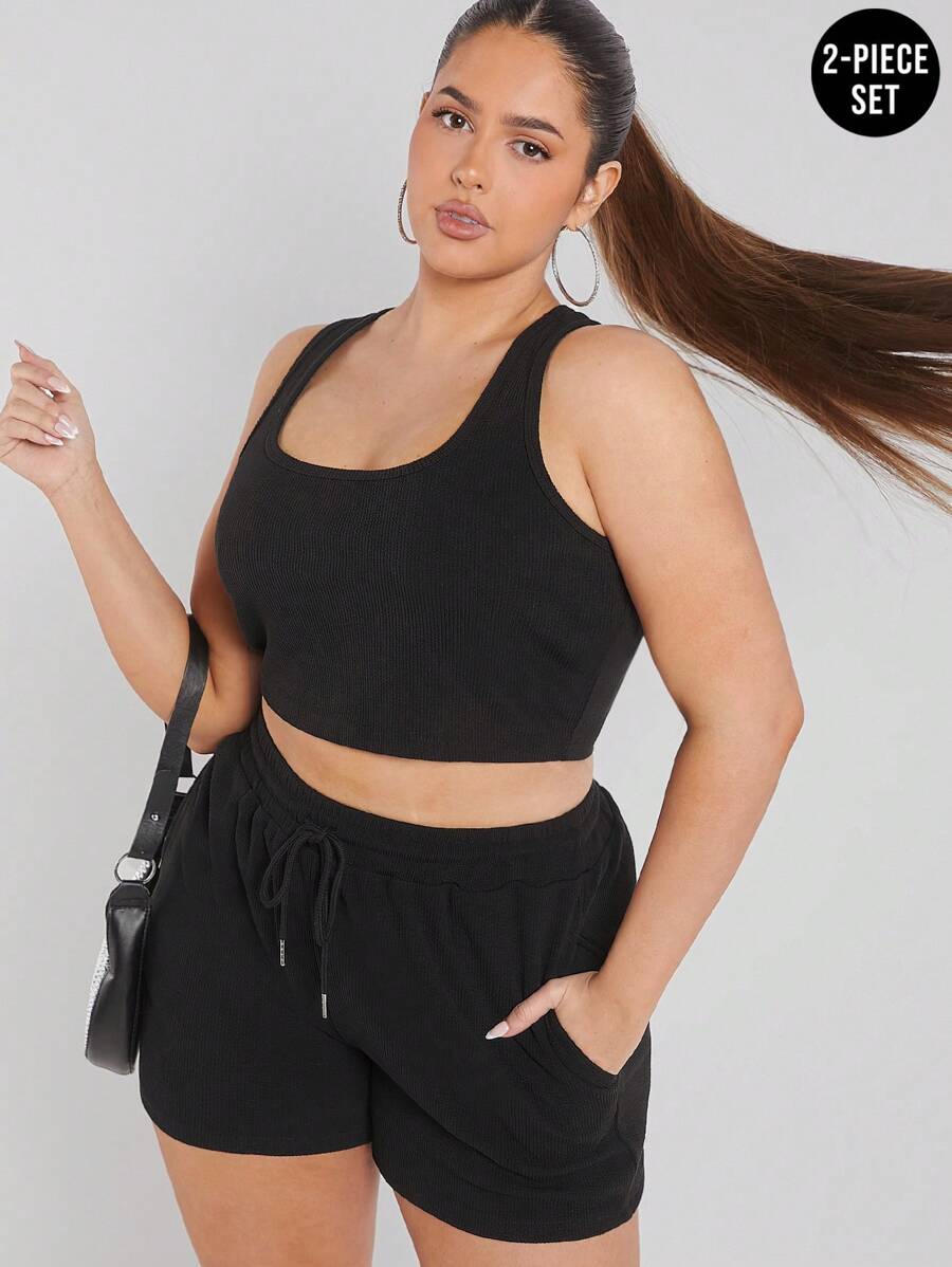 Hauture Conjunto De Camiseta Sin Mangas Y Pantalones Cortos De Color Liso Para Mujer - Negro - Ver 1