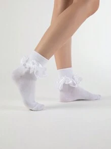 ROMWE Kawaii Women Solid Color Simple Everyday Ruffle Lace Trim Mid-Calf Socks - White - View 1