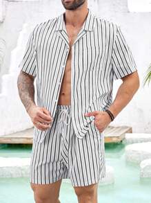 Manfinity Homme Men's Plus Size Striped Camp Collar Short Sleeve Casual Shirt And Shorts Set - Black and White - View 1