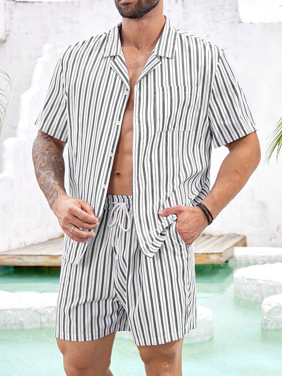Manfinity Homme Men's Plus Size Striped Camp Collar Short Sleeve Casual Shirt And Shorts Set - Black and White - View 1