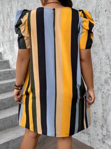 SHEIN VCAY Plus Size Vacation Casual Colorblock Stripe Puff Sleeve Dress - Multicolor - View 2