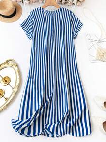 Đầm ngắn tay cổ chữ V kẻ sọc và in họa tiết cỡ lớn dành cho nữ, thích hợp cho mùa hè. Đầm ngắn tay cổ khoét in hình trái tim, kiểu dáng thường ngày đa năng, đầm hình trái tim, đầm cài nút, trang phục mùa hè, đầm chấm bi, đầm đen, đầm thường ngày dành cho nữ, đầm ngày Valentine. - Màu xanh lam - Xem 2