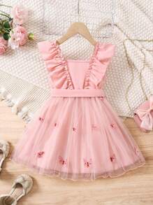 Vestido de contraste de malla con mangas abullonadas, efecto degradado en rosa y diseño de mariposa, para niñas jóvenes - Rosa - Ver 2
