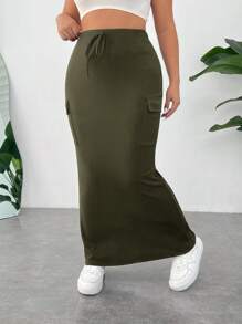 SHEIN EZwear Falda maxi informal de talla grande con bolsillo tipo cargo y cinturón