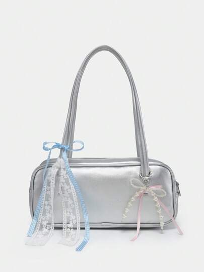 Kawaii Damen retroschick, niedliche Handtasche mit Schleifenverschluss, Herz-Dekor, Schulter- und Unterarmtasche mit Mehrfachtaschen, Boston Henkeltasche