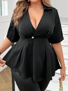 Celure Plus Size Summer Casual Solid Color Wrap Waist Blouse