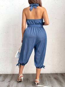 SHEIN LUNE 夏季大尺碼純色綁頸腰帶無袖連體褲 - 藍色 - 查看 2