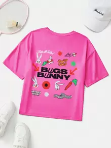 LOONEY TUNES X SHEIN Tween Girl Cổ Tròn Cổ Tròn Tay Ngắn Hoạt Hình Và Chữ Cái Tiếng Anh In Áo Thun Rời Rớt Vai, Mùa Hè - Hồng - Xem 2